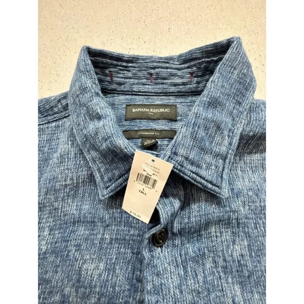 NWT Banana Republic Mens L Tall Button Up Shirt Indigo Blue Slub Chambray $75
